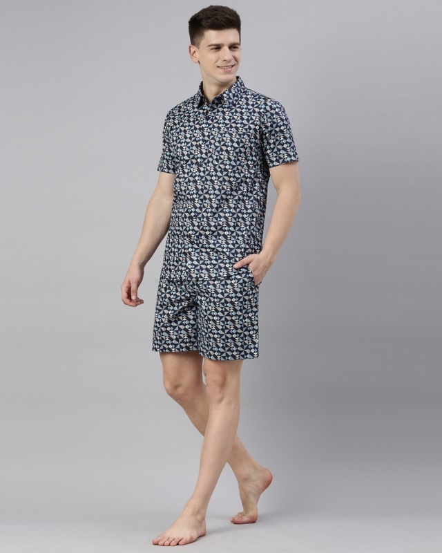 Shop Men's Blue All Over Printed Cotton Shirt & Shorts Set-Front