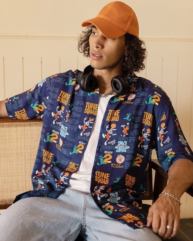 Shop Men's Blue All Over Printed Oversized Shirt-Front