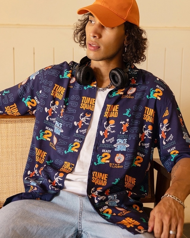 Shop Men's Blue All Over Printed Oversized Shirt-Front