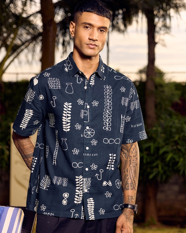 Shop Men's Blue All Over Printed Oversized Shirt-Front