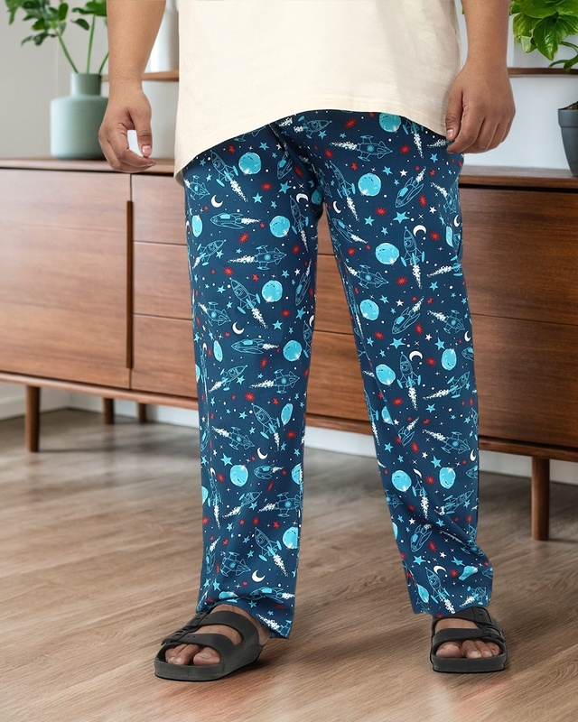 Shop Men's Blue All Over Printed Plus Size Pyjamas-Front