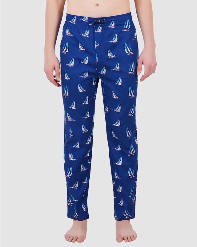 Shop Men's Blue All Over Sail Boat Printed Pyjamas-Front
