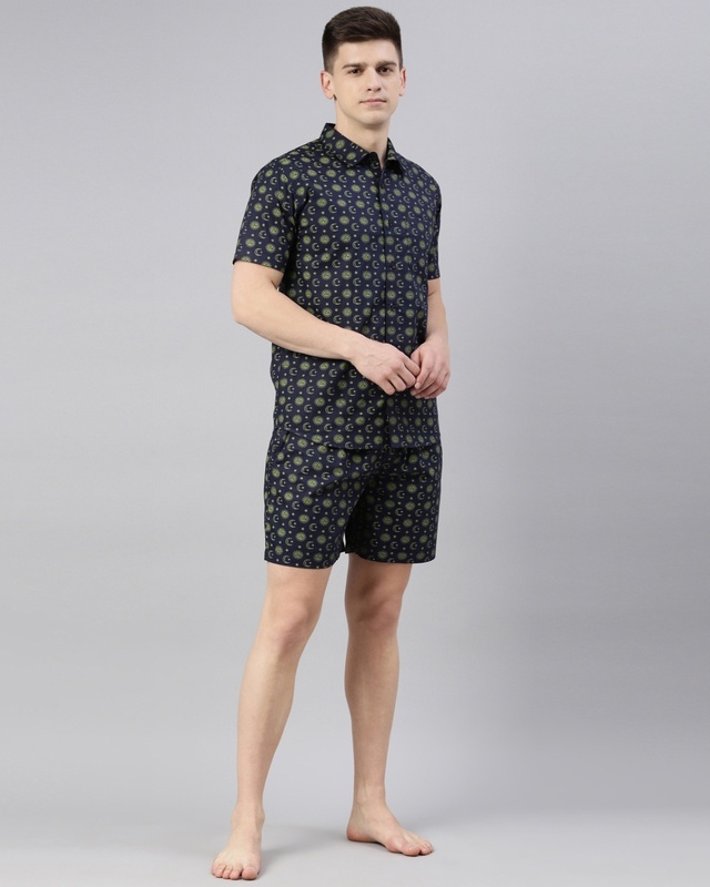 Shop Men's Blue All Over Sun & Moon Printed Cotton Shirt & Shorts Set-Front