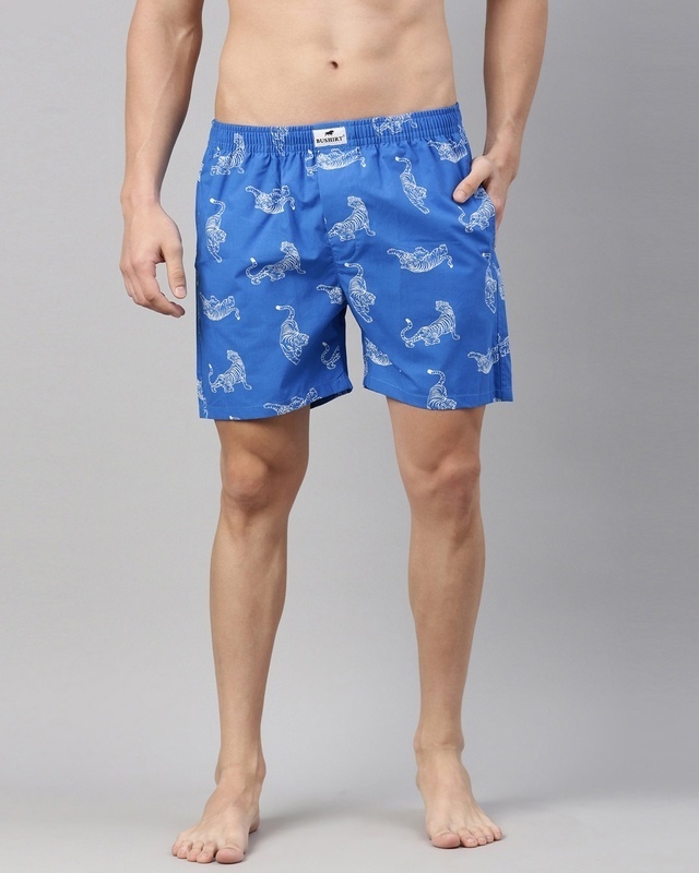 Shop Men's Blue All Over Tiger Printed Cotton Boxers-Front