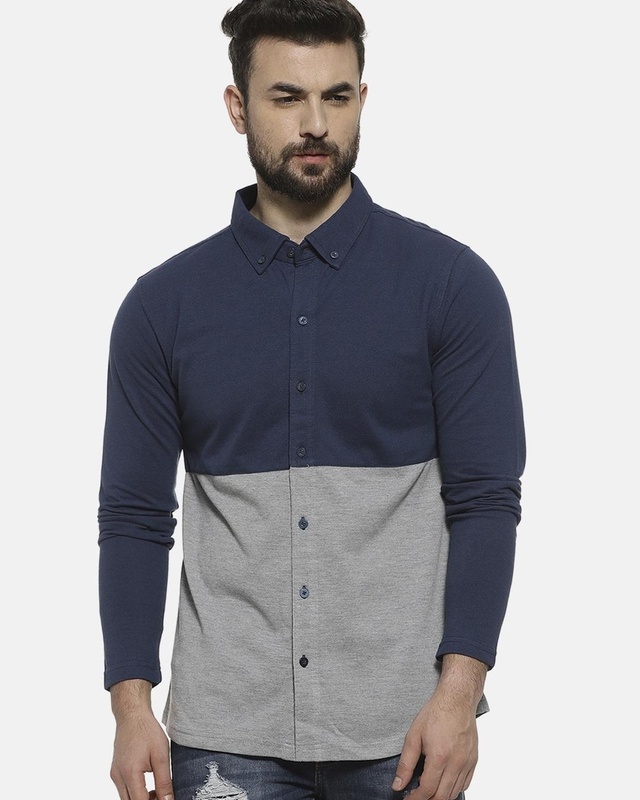 Shop Men's Blue and Grey Color Block Shirt-Front