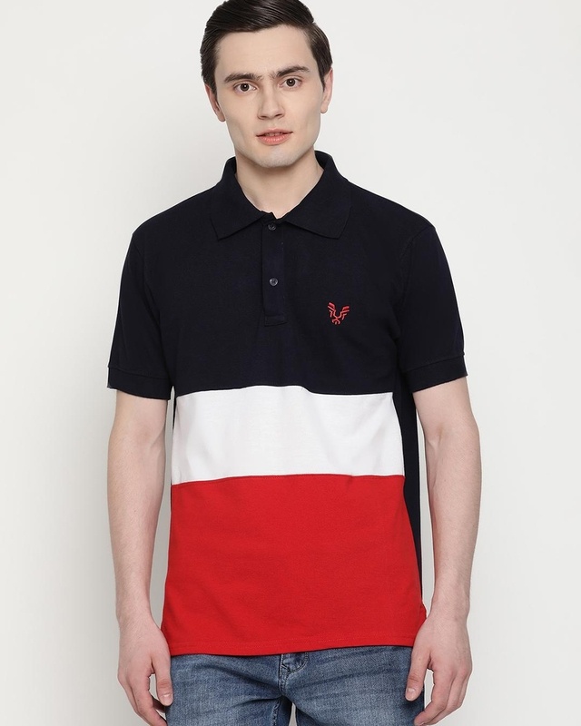 Shop Men's Blue and Red Color Block Polo T-shirt-Front