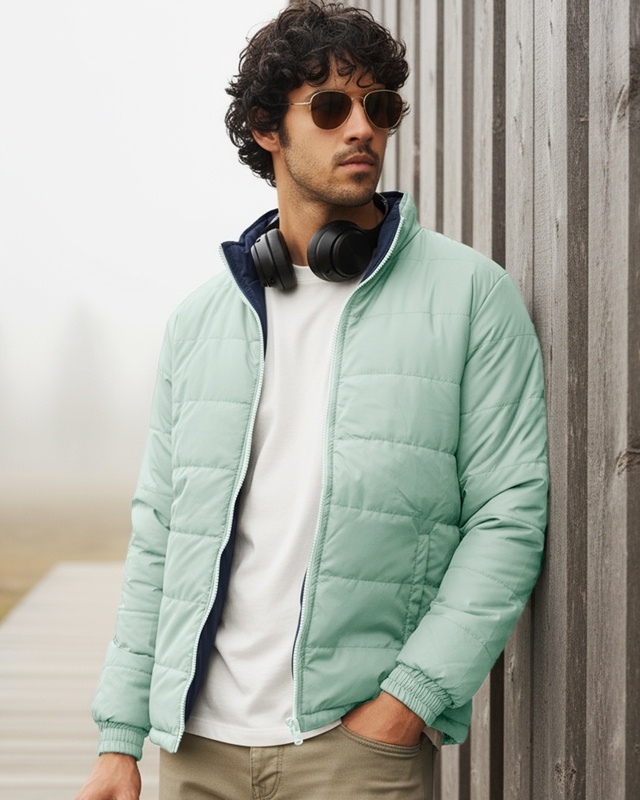 Shop Men's Blue and Sage Green Reversible Puffer Jacket-Front