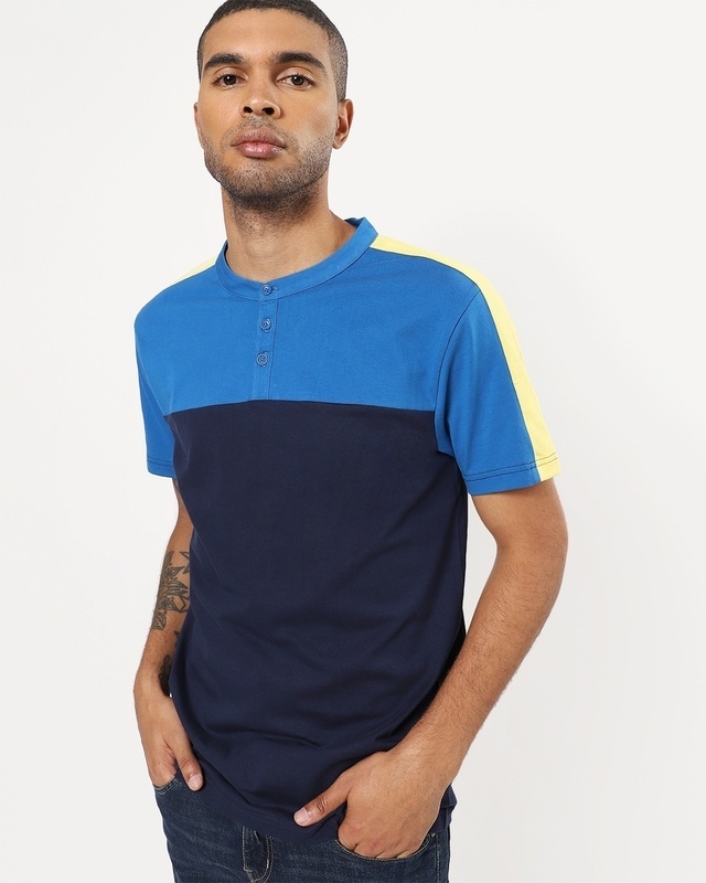 Shop Men's Blue and Yellow Color Block Henley T-shirt-Front