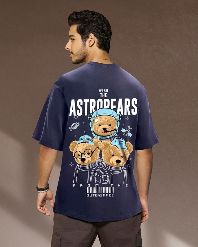 Shop Men's Blue Astro Bear Graphic Printed Oversized T-shirt-Front