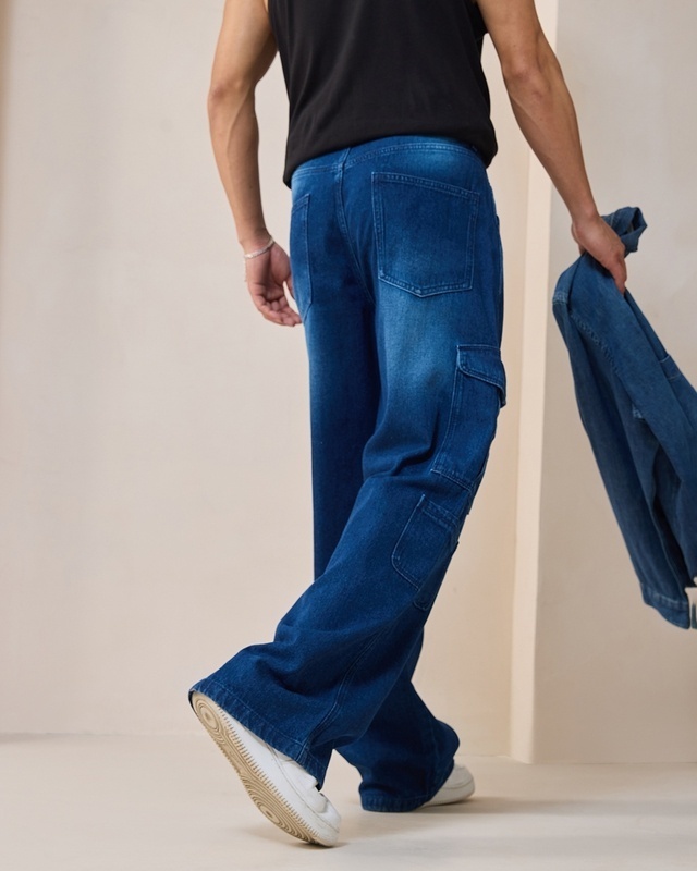 Shop Men's Blue Baggy Straight Fit Washed Cargo Jeans-Front