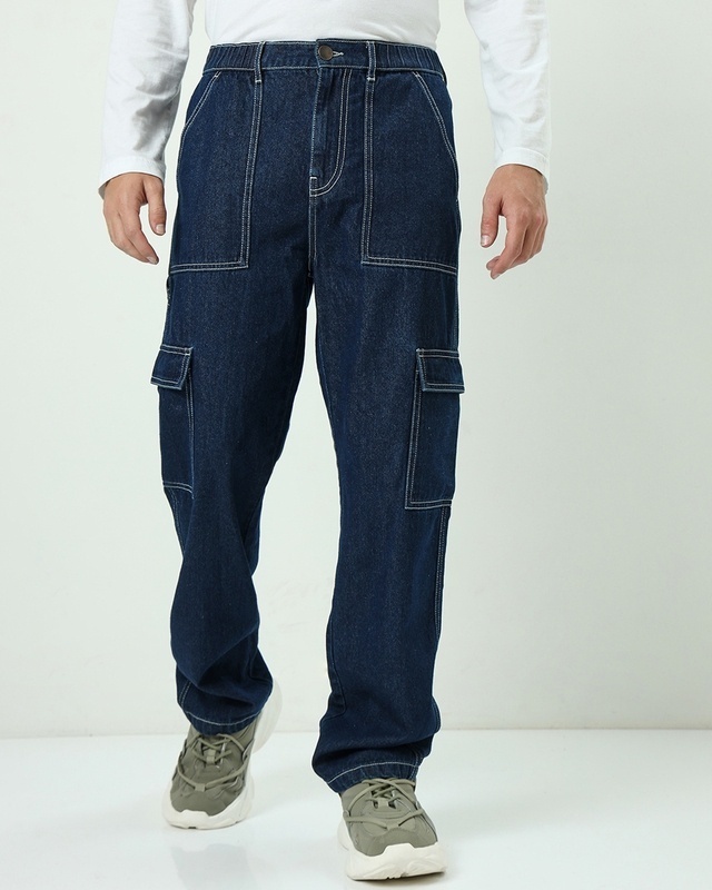 Shop Men's Blue Baggy Cargo Jeans-Front