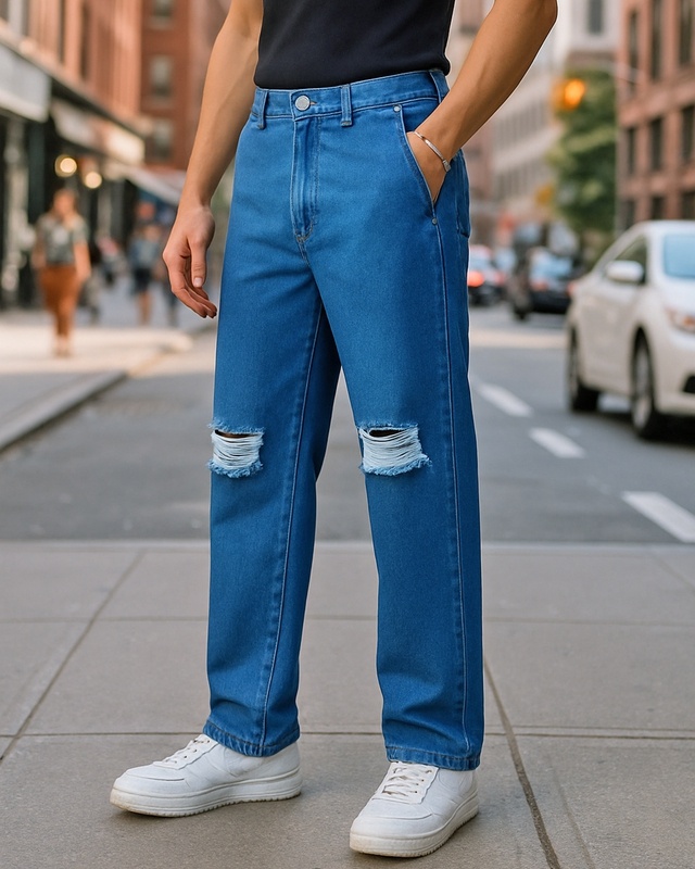 Shop Men's Blue Straight Fit Distressed Jeans-Front