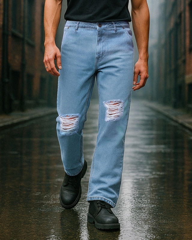Men's Blue Baggy Fit Distressed Mid-Rise Jeans