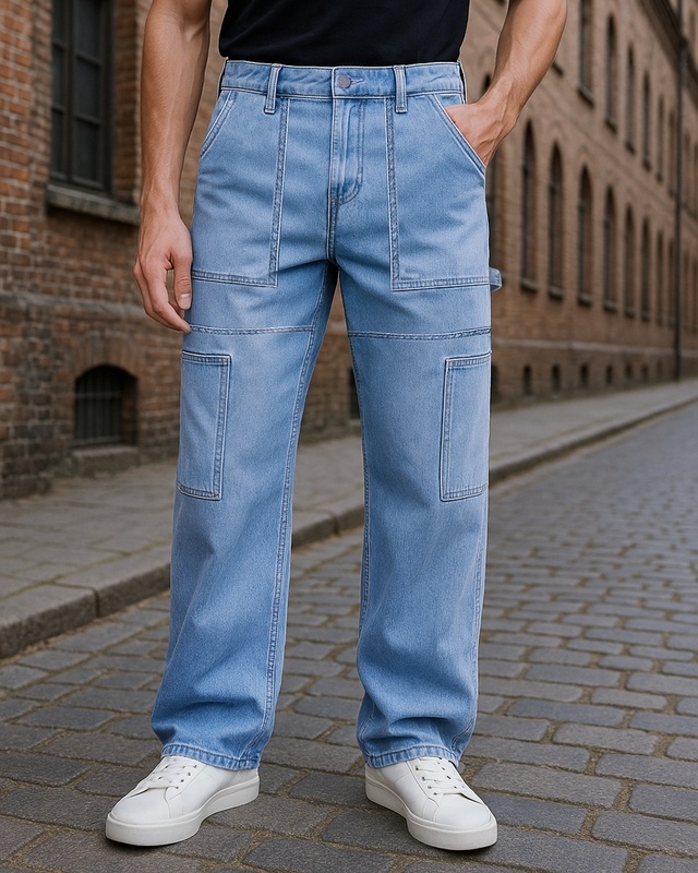 Shop Men's Blue Baggy Fit Cargo Carpenter Mid-Rise Jeans-Front