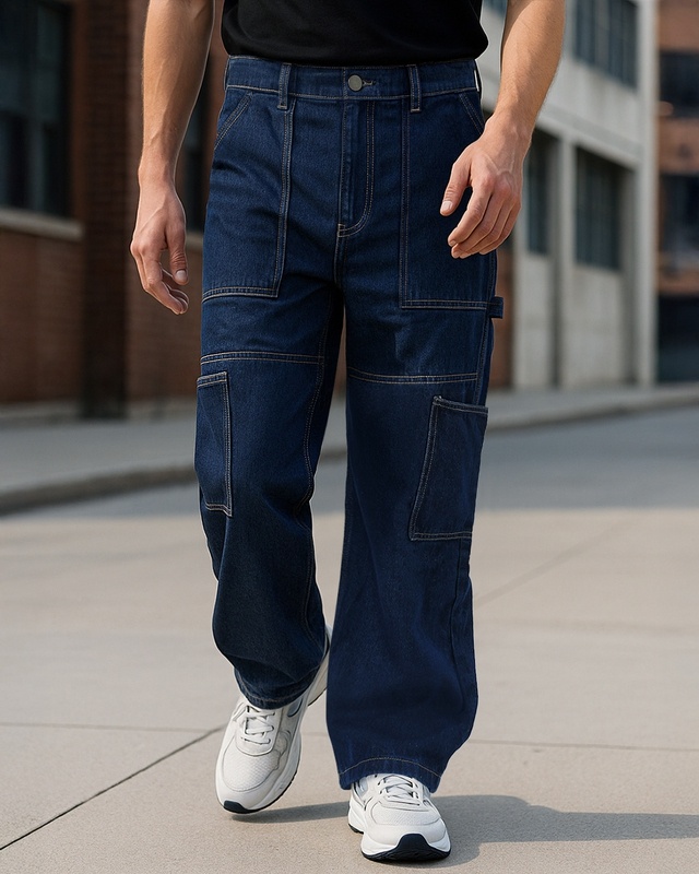 Shop Men's Blue Baggy Fit Carpenter Mid-Rise Jeans-Front