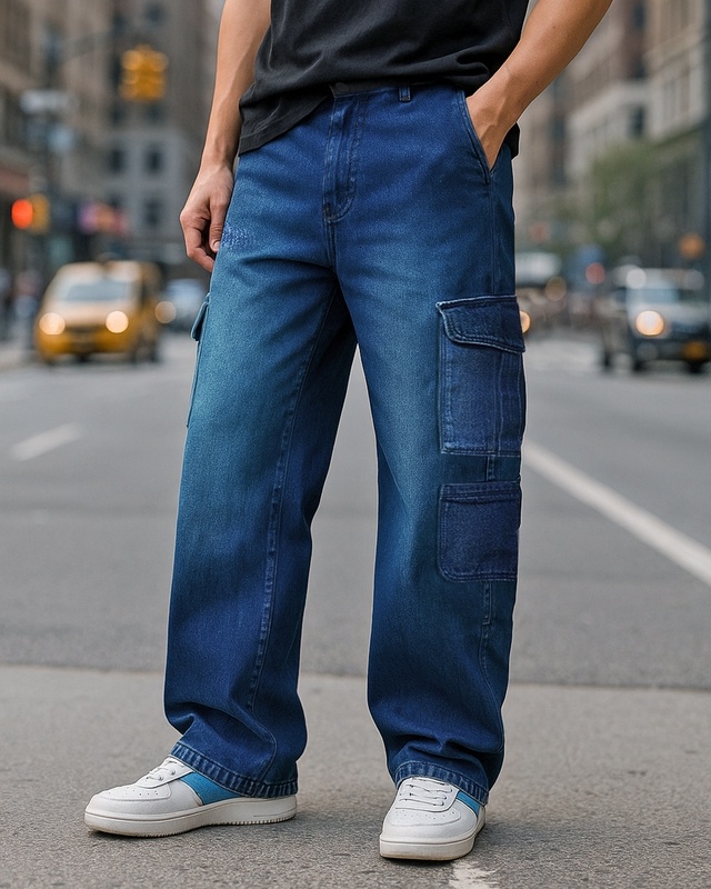 Shop Men's Blue Baggy Fit Washed Cargo Mid-Rise Jeans-Front
