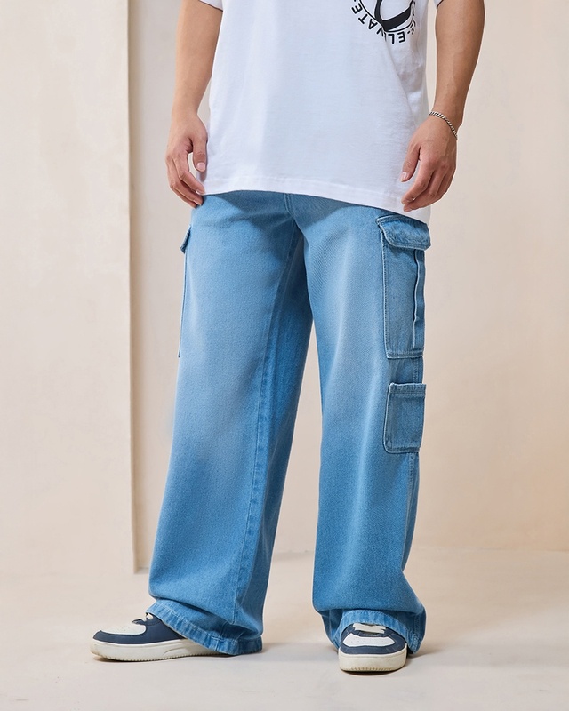 Shop Men's Blue Baggy Fit Mid-Rise Jeans-Front