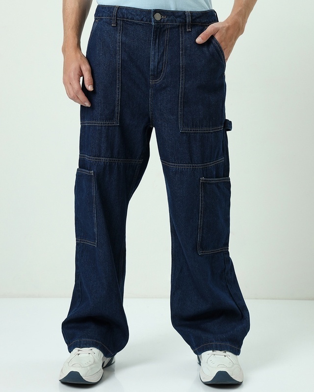 Shop Men's Blue Baggy Straight Fit Carpenter Jeans-Front