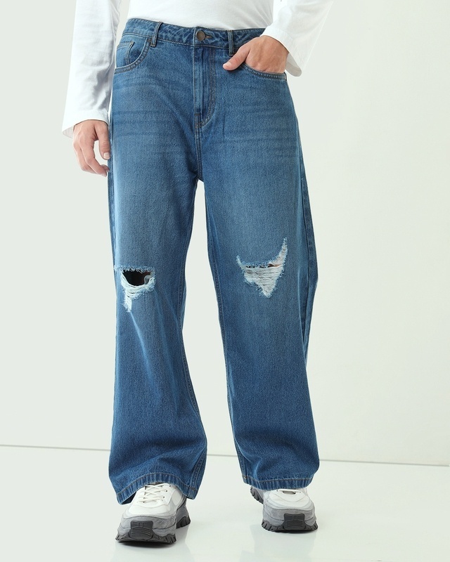 Shop Men's Blue Baggy Straight Fit Ditsressed Jeans-Front