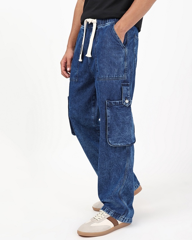 Shop Men's Blue Washed Straight Fit Cargo Mid-Rise Jeans-Front