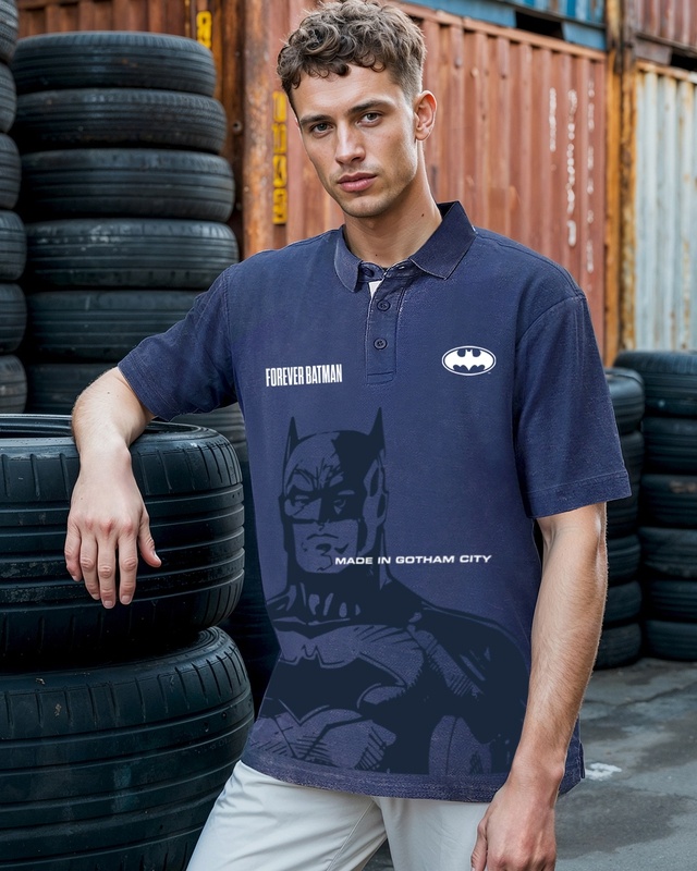Shop Men's Blue Batman Graphic Printed Oversized Acid Wash Polo T-shirt-Front