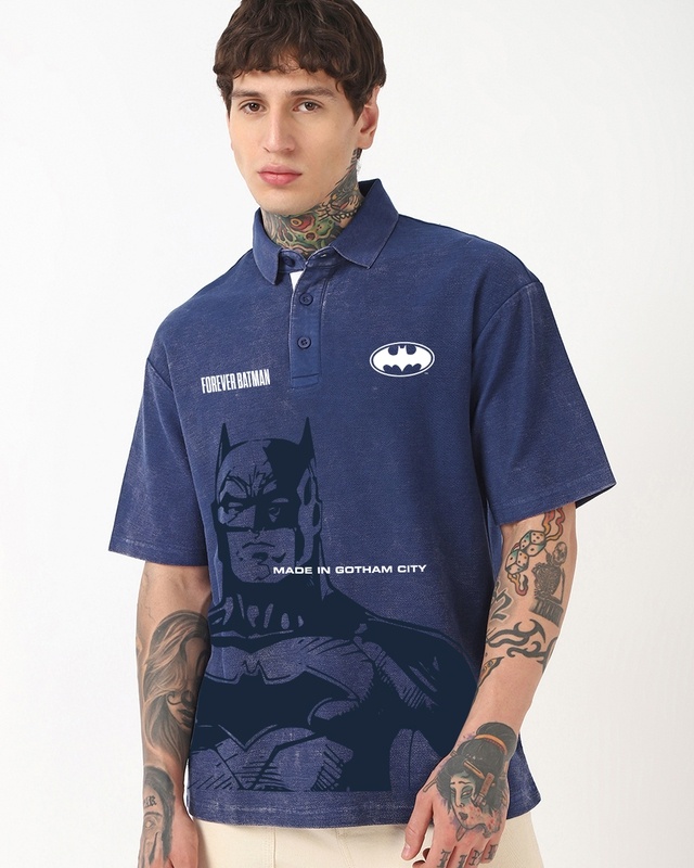 Men's Blue Batman Graphic Printed Oversized Acid Wash Polo T-shirt