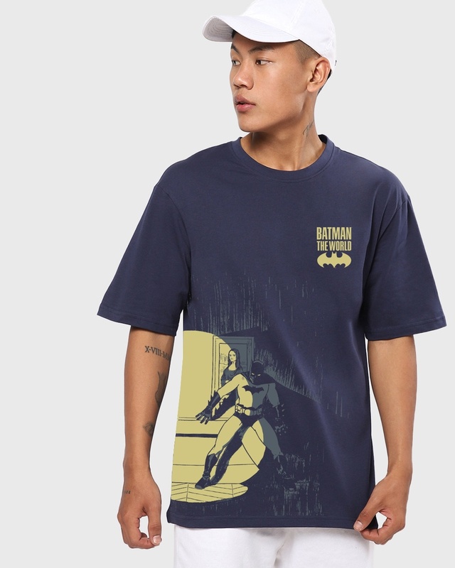 Shop Men's Blue Batman The World Graphic Printed Oversized T-shirt-Front