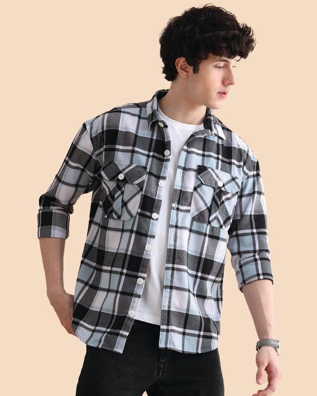 Shop Men's Blue & Black Checked Oversized Shacket-Front