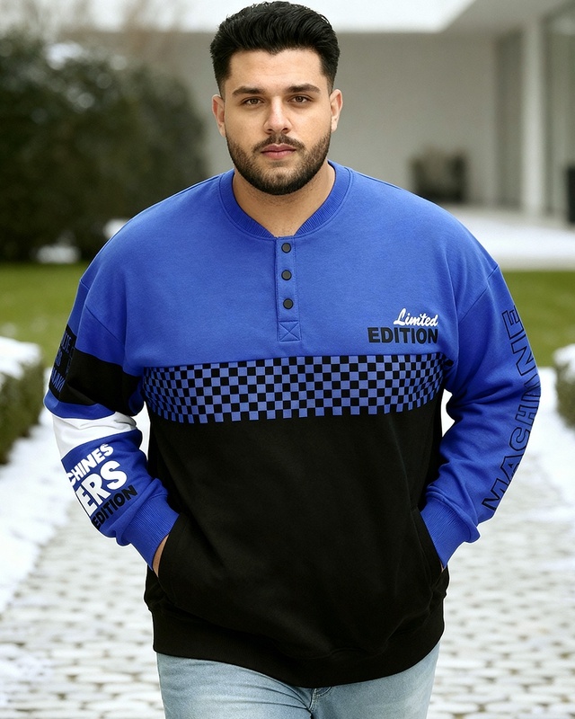 Shop Men's Blue & Black Color Block Oversized Plus Size Sweatshirt-Front