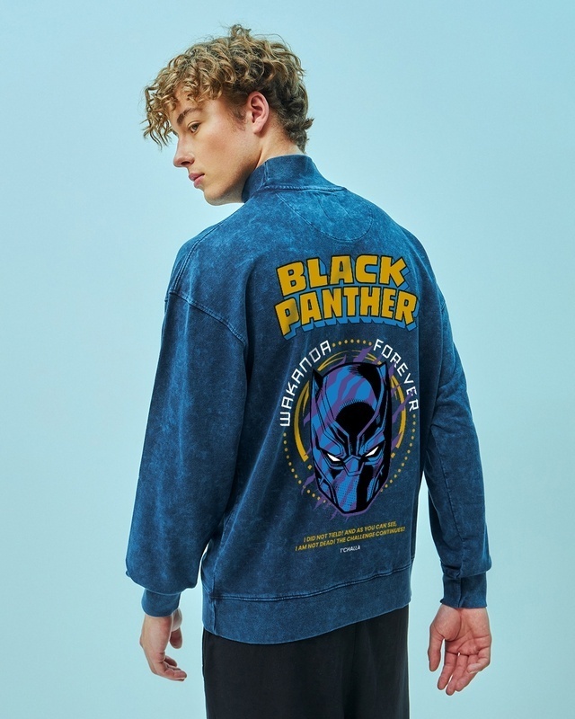 Shop Men's Blue Black Panther Graphic Printed Oversized Acid Wash Sweatshirt-Front