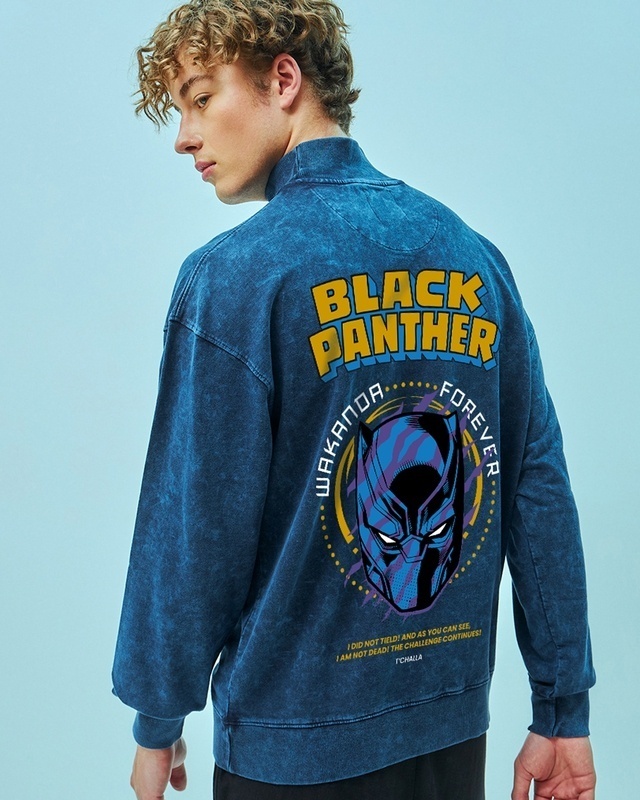 Shop Men's Blue Black Panther Graphic Printed Oversized Acid Wash Sweatshirt-Front