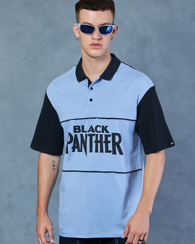 Shop Men's Blue Black Panther Graphic Printed Oversized Polo T-shirt-Front