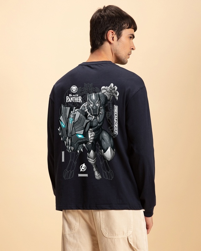 Shop Men's Blue Black Panther Mech Graphic Printed Oversized T-shirt-Front