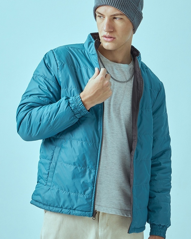 Shop Men's Blue & Black Reversible Puffer Jacket-Front