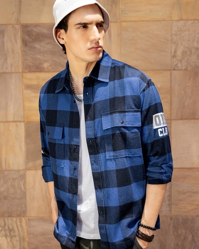 Shop Men's Blue & Black Run Checked Oversized Shirt-Front