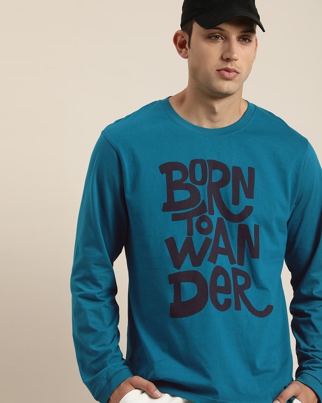 Shop Men's Blue Born to Wander Typography Oversized T-shirt-Front