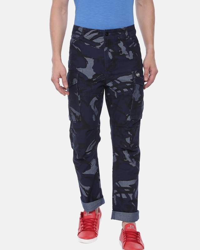Shop Men's Blue Camouflage Printed Relaxed Fit Trousers-Front