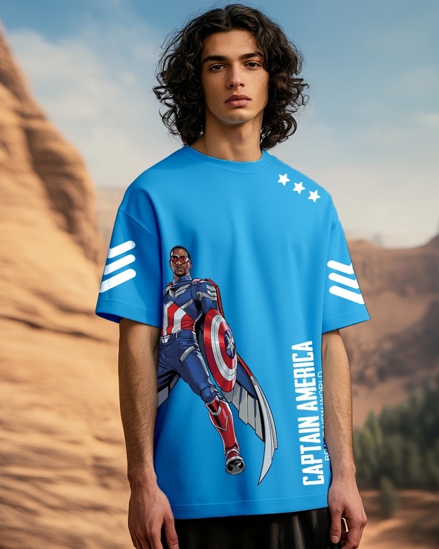 Shop Men's Blue Captain Graphic Printed Oversized T-shirt-Front