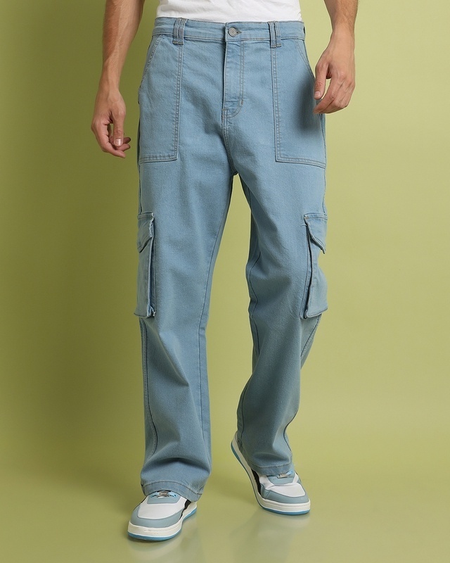 Shop Men's Blue Relaxed Fit Cargo Denim Jeans-Front