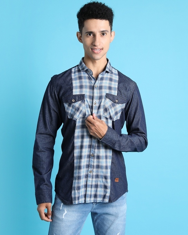 Shop Men's Blue Checked Cotton Shirt-Front