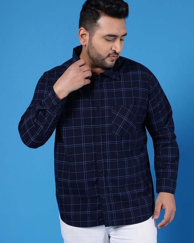 Shop Men's Blue Checked Plus Size Shirt-Front