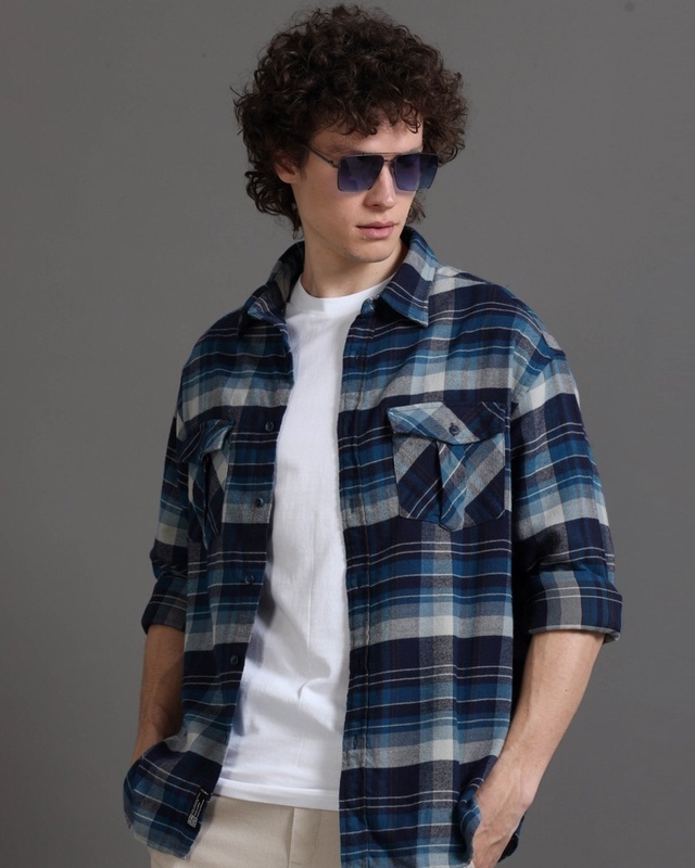 Shop Men's Blue Checked Oversized Shirt-Front