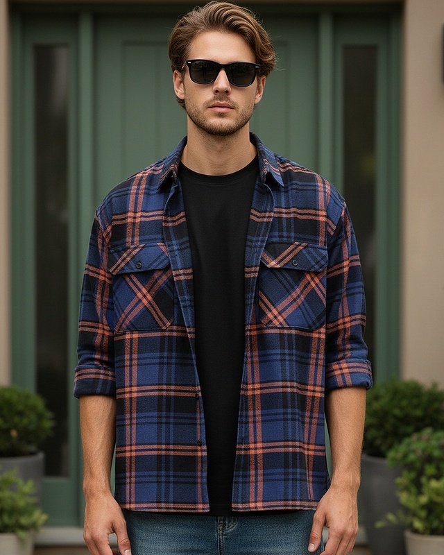 Men's Blue & Orange Checked Oversized Shirt-Front Bewakoof Shop Men's Blue & Orange Checked Oversized Shirt-Front