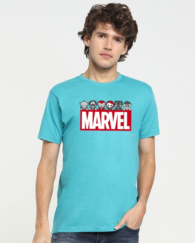 Shop Men's Blue Chibi Marvel Graphic Printed T-shirt-Front