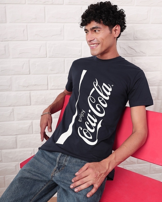 Shop Men's Blue Coca Cola Wave Graphic Printed T-shirt-Front