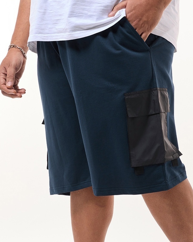 Shop Men's Blue Color Block Oversized Plus Size Cargo Shorts-Front