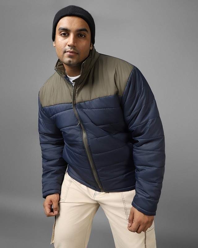 Shop Men's Blue Color Block Oversized Plus Size Jacket-Front