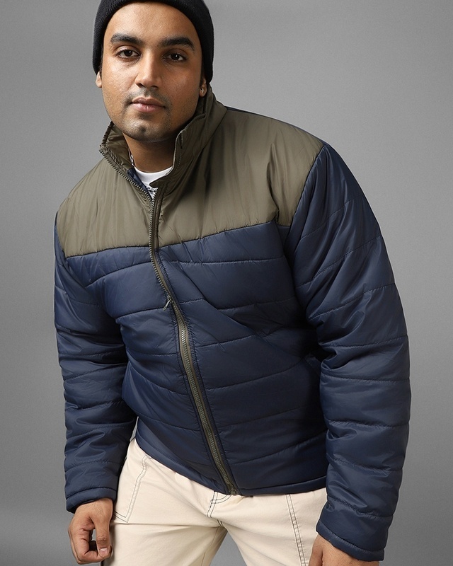 Shop Men's Blue Color Block Oversized Plus Size Jacket-Front