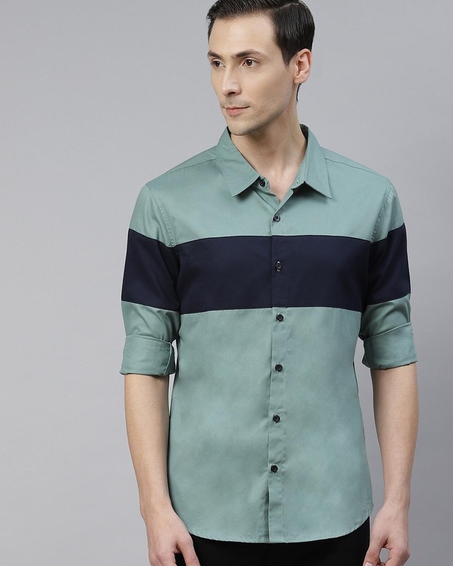 Shop Men's Blue Color Block Shirt-Front