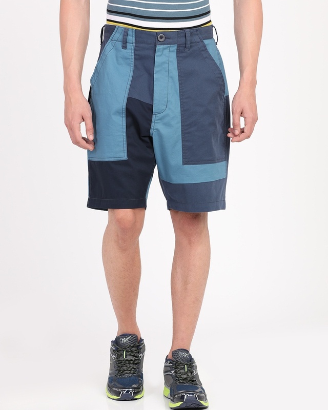 Shop Men's Blue Color Block Slim Fit Shorts-Front